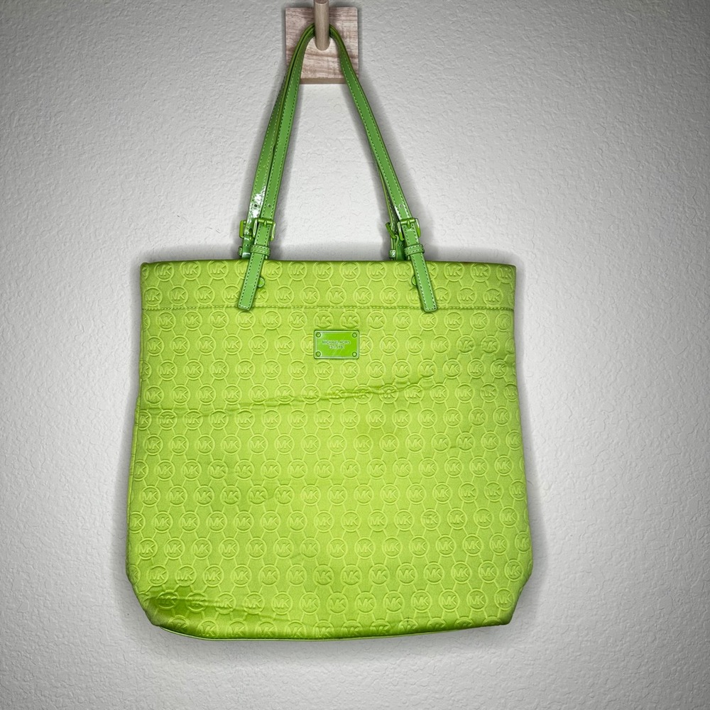 Michael Kors Lime Green Embossed MK Logo Tote Bag Patent Leather Trim
